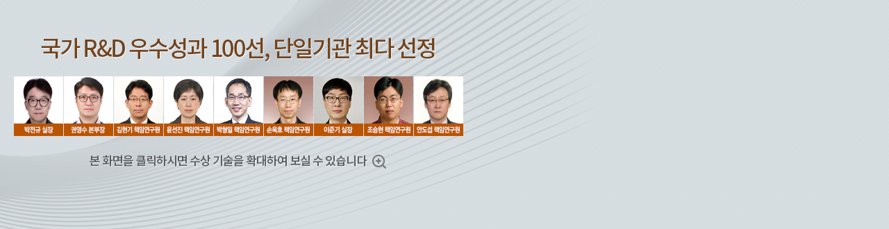국가 R&D 우수성과 100선, 단일기관 최다 선정. 박전규 실장, 권영수 본부장, 김현기 책임연구원, 윤선진 책임연구원, 박형일 책임연구원, 손욱호 책임연구원, 이준기 실장, 조승현 책임연구원, 안도섭 책임연구원. 본 화면을 클릭하시면 수상 기술을 확대하여 보실 수 있습니다.