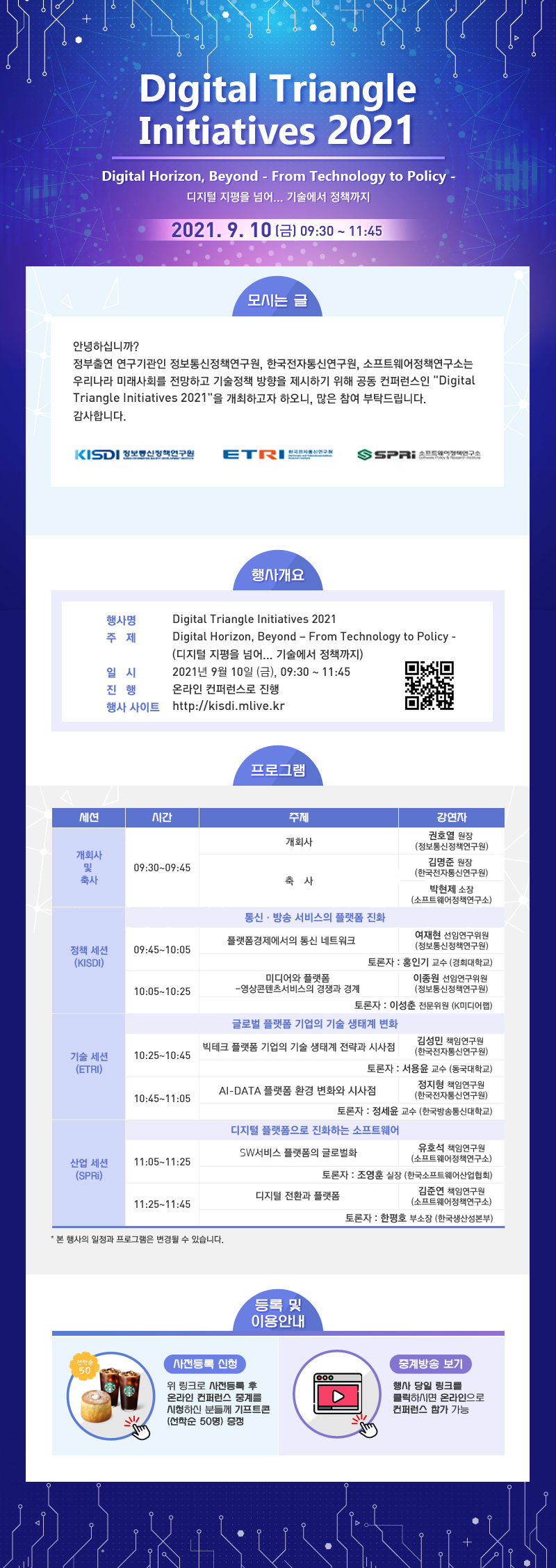 Digital Triangle Initiatives 2021 디지털 지평을 넘어.. 기술에서 정책까지 2021. 9 .10 (금) 09:30 - 11:45 모시는글, 정부출연 연구기관인 정보통신정책연구원, 한국전자통신연구원, 소프트웨어정책연구소는 우리나라 미래사회를 전망하고 기술정책 방향을 제시하기 위해 공동 컨퍼런스인 