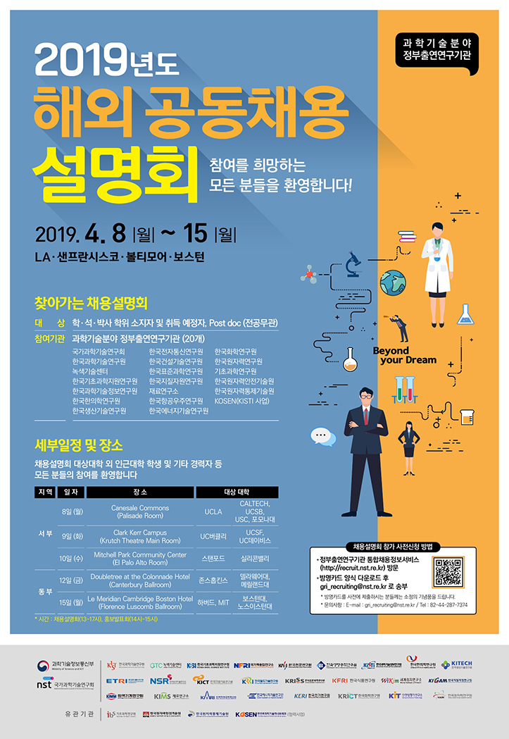 2019년도 해외 공동채용 설명회, 개최시기 2019년 4월 8일 ~15일, 개최장소 : LA/샌프란시스코/볼티모어/보스턴